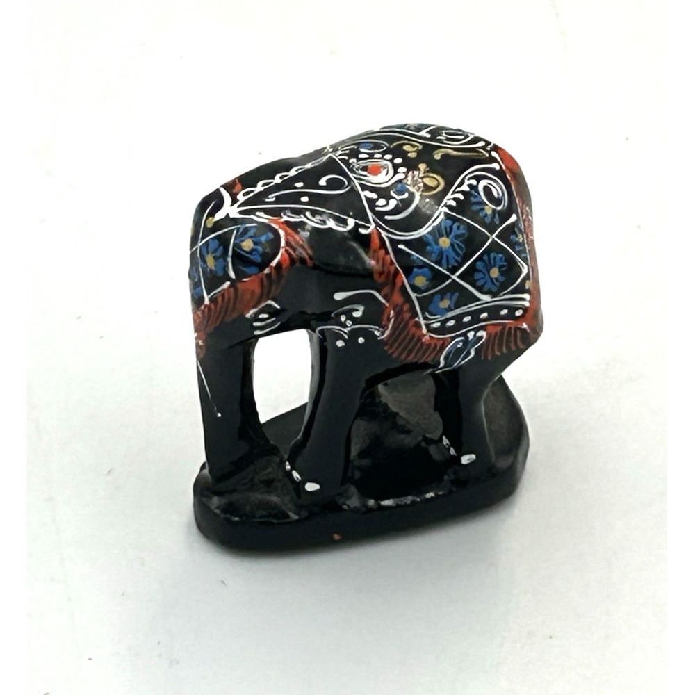 Lacquered Mini Elephant Figurine Hand Painted Walking Black 1.25" H